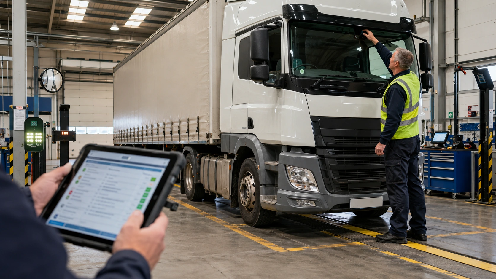 HGV technician inspecting ADAS equipment on a lorry inside a modern UK vehicle testing bay