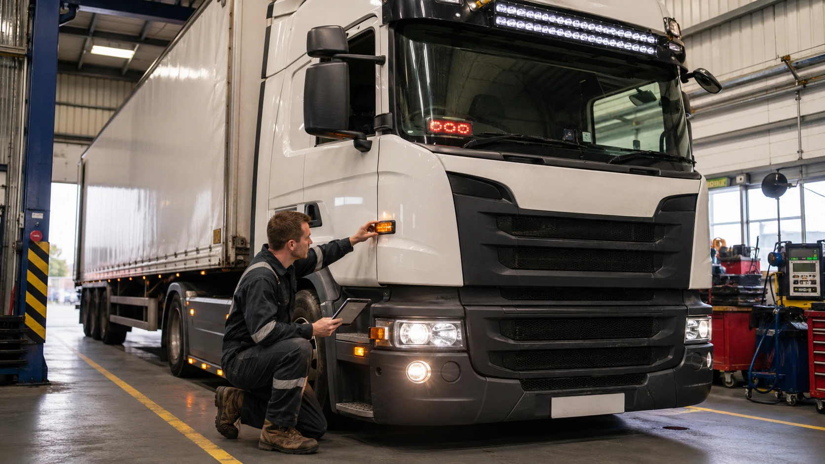 HGV technician inspecting aftermarket amber lights and an LED display on a lorry in a UK workshop
