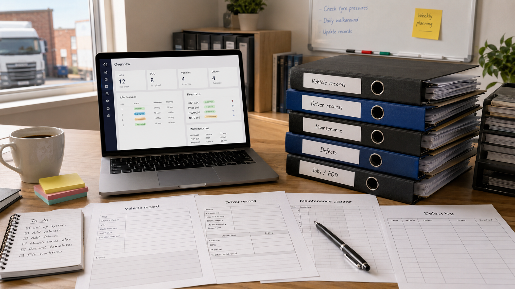 Organised UK transport office desk with a laptop dashboard, vehicle records, driver records, maintenance folders, defect log sheets and HGV paperwork being set up for a new haulage operator.