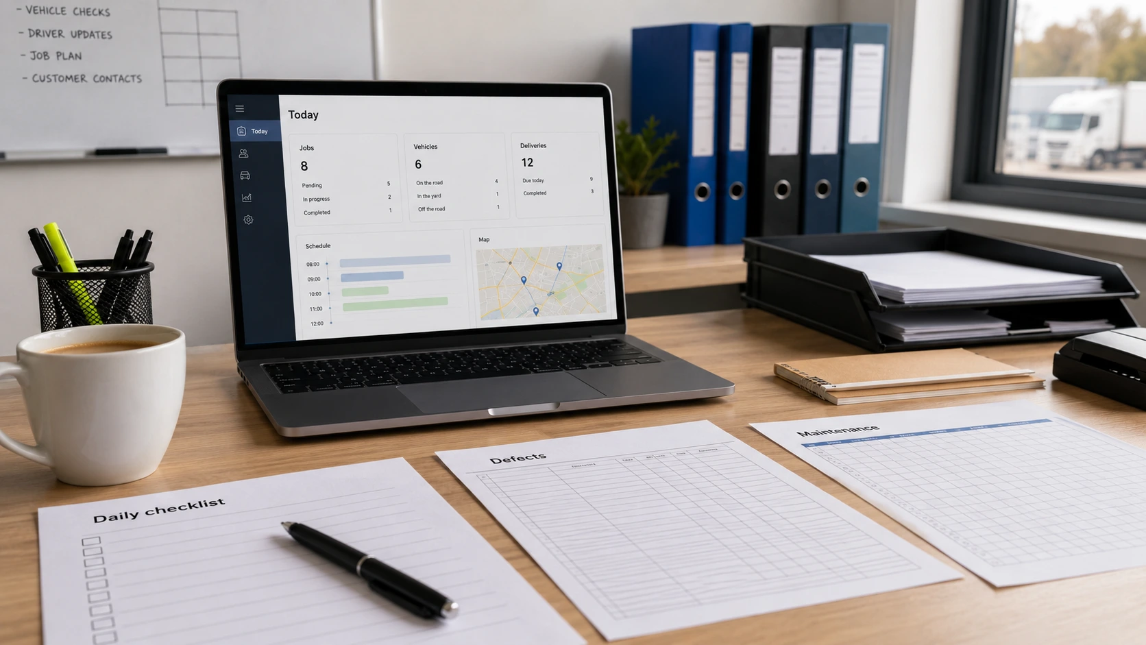 Tidy UK haulage office desk with a laptop showing a transport dashboard, daily checklist, defect log, maintenance planner, coffee mug and office folders in morning light.