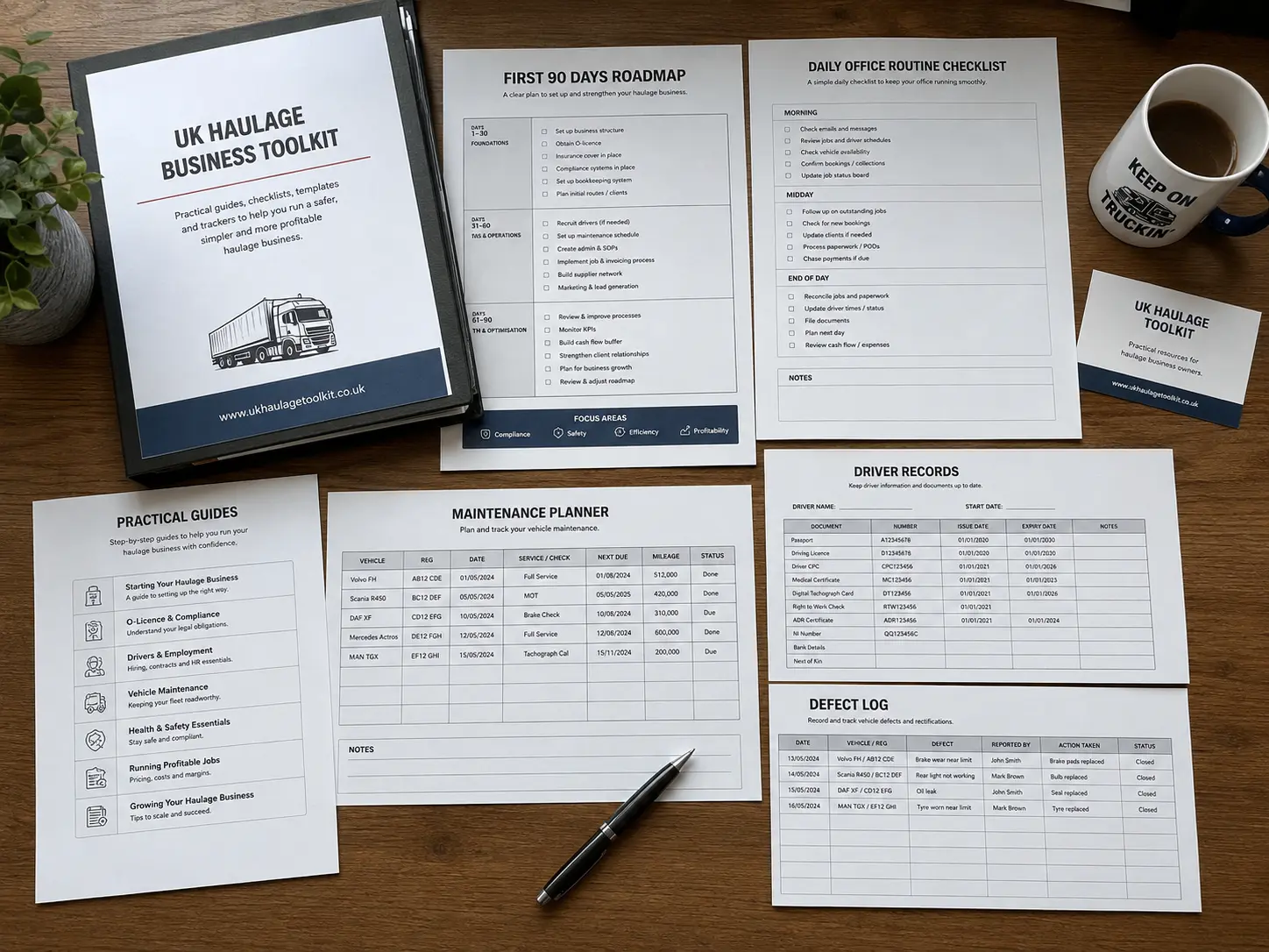 Printed UK haulage toolkit guides, maintenance planner, driver records, defect log and office routine checklist arranged on a desk.