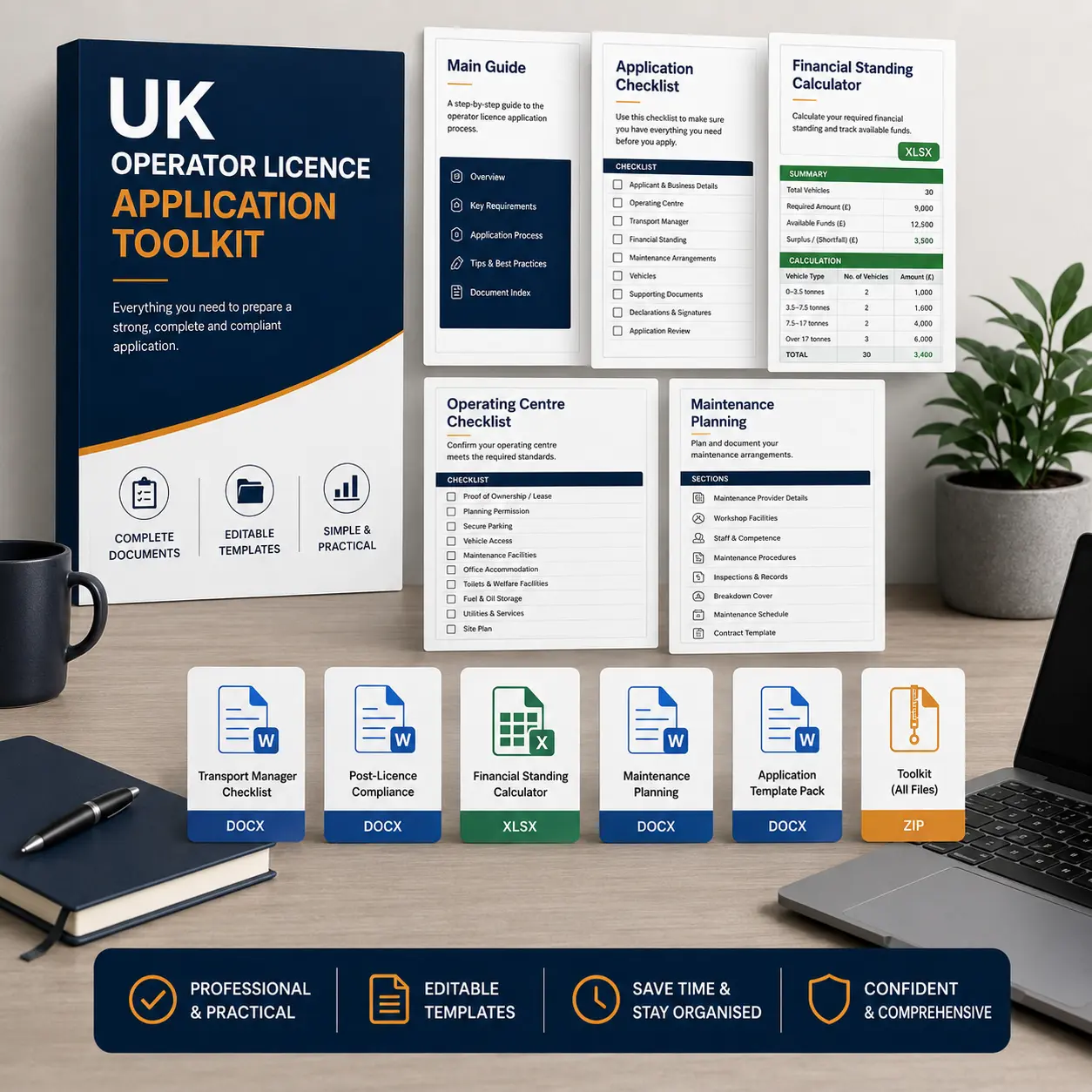 UK Operator Licence Application Toolkit preview showing the main guide, application checklist, financial standing calculator, operating centre checklist, maintenance planning templates and editable DOCX/XLSX/ZIP files.